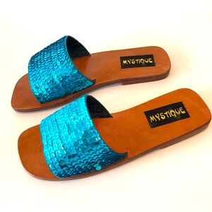 Mystique Teal Blue Sequins Leather Slides Sandals Women’s 7 Shoes Anthropologie